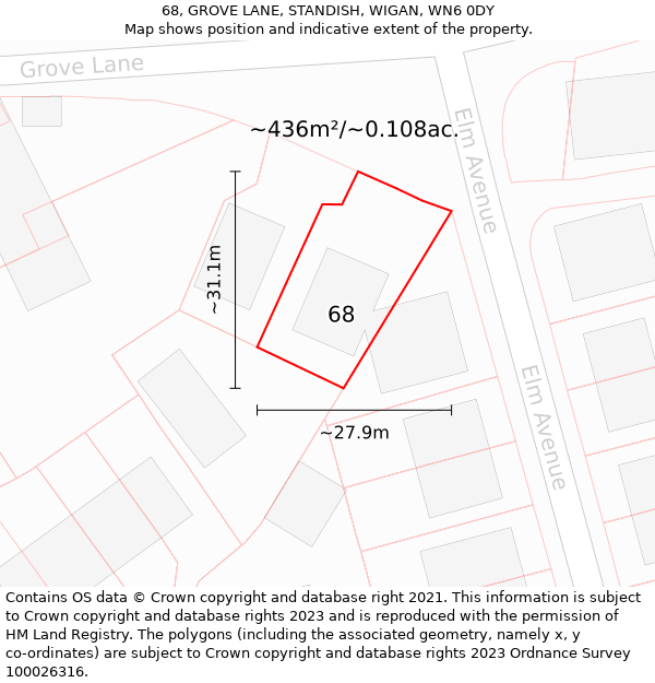 68, GROVE LANE, STANDISH, WIGAN, WN6 0DY: Plot and title map