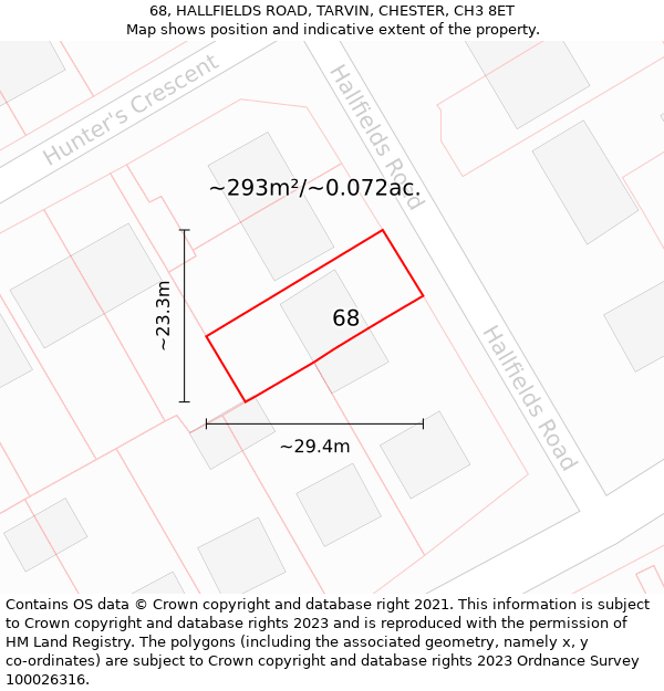 68, HALLFIELDS ROAD, TARVIN, CHESTER, CH3 8ET: Plot and title map