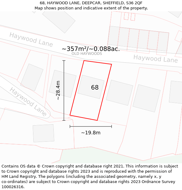 68, HAYWOOD LANE, DEEPCAR, SHEFFIELD, S36 2QF: Plot and title map