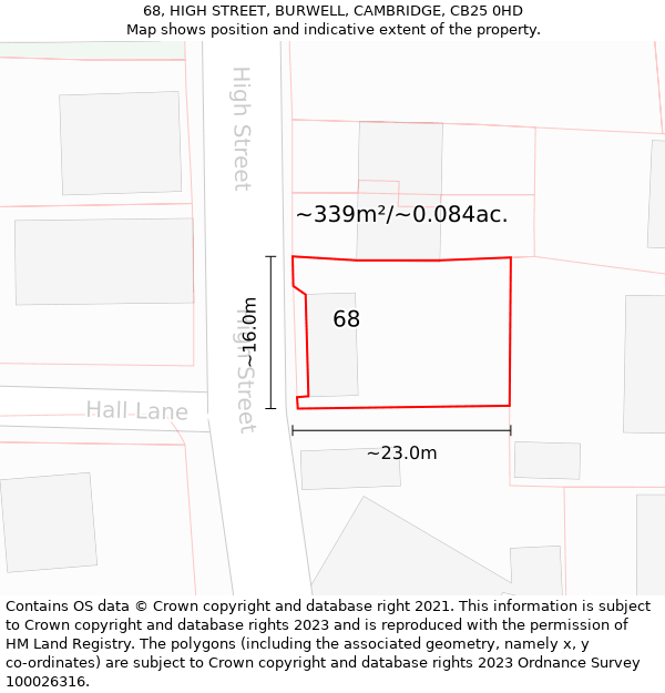 68, HIGH STREET, BURWELL, CAMBRIDGE, CB25 0HD: Plot and title map