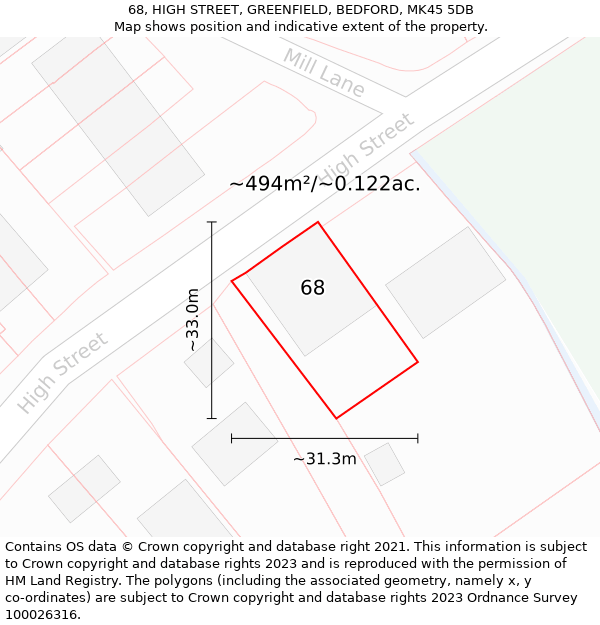 68, HIGH STREET, GREENFIELD, BEDFORD, MK45 5DB: Plot and title map