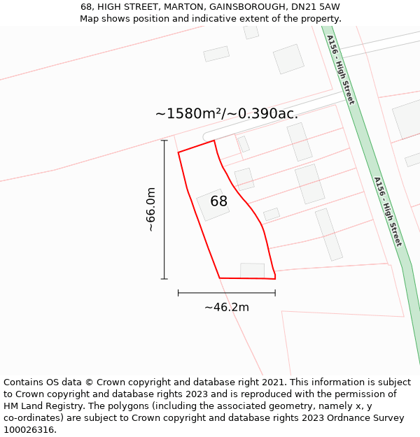 68, HIGH STREET, MARTON, GAINSBOROUGH, DN21 5AW: Plot and title map