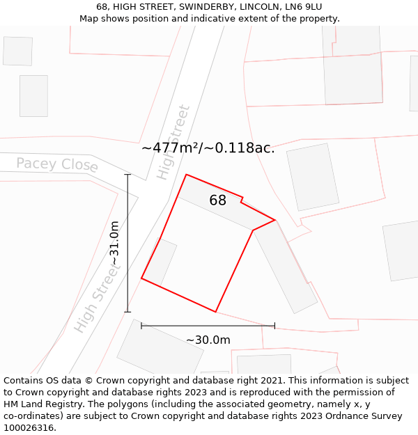 68, HIGH STREET, SWINDERBY, LINCOLN, LN6 9LU: Plot and title map