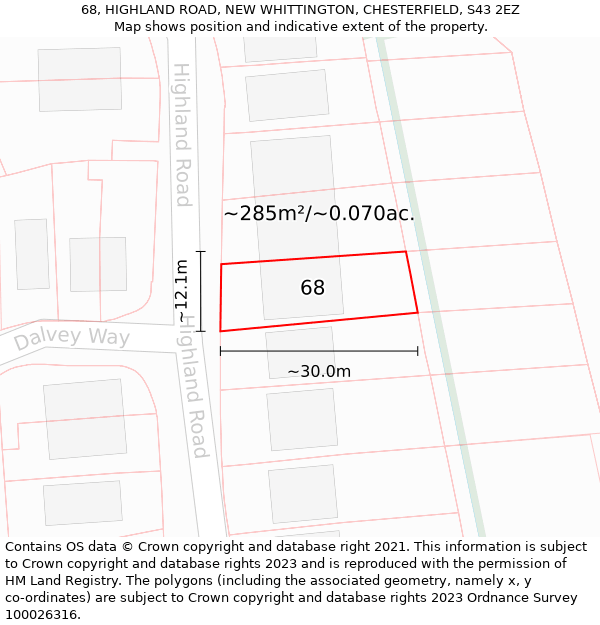 68, HIGHLAND ROAD, NEW WHITTINGTON, CHESTERFIELD, S43 2EZ: Plot and title map