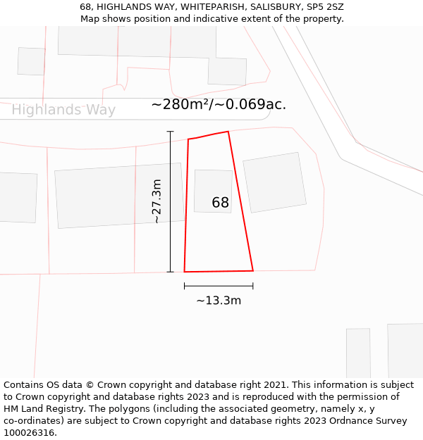 68, HIGHLANDS WAY, WHITEPARISH, SALISBURY, SP5 2SZ: Plot and title map