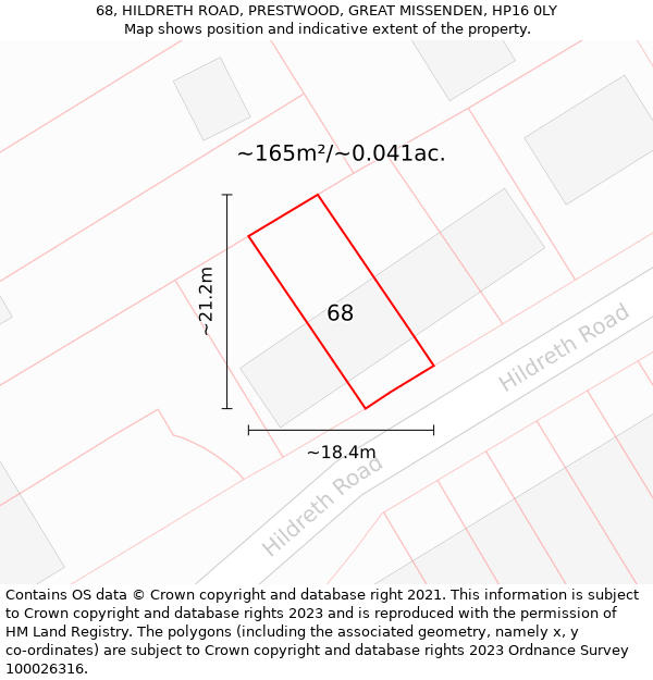 68, HILDRETH ROAD, PRESTWOOD, GREAT MISSENDEN, HP16 0LY: Plot and title map