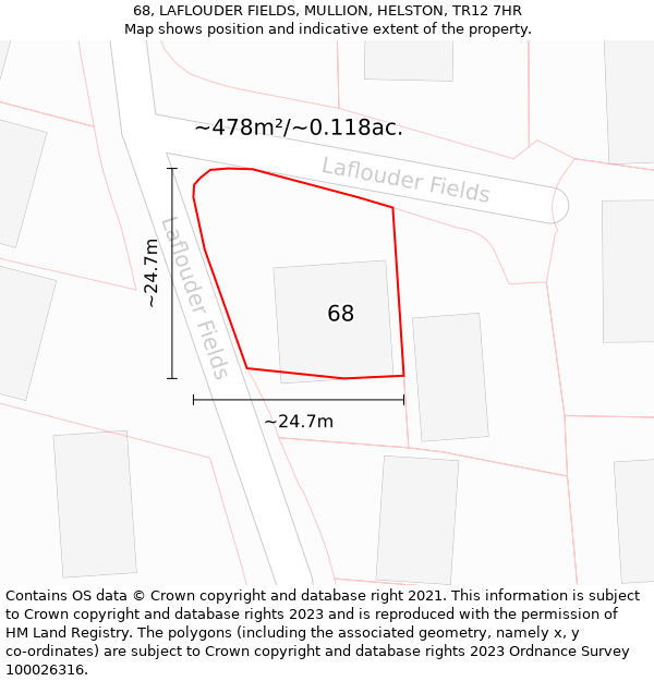 68, LAFLOUDER FIELDS, MULLION, HELSTON, TR12 7HR: Plot and title map