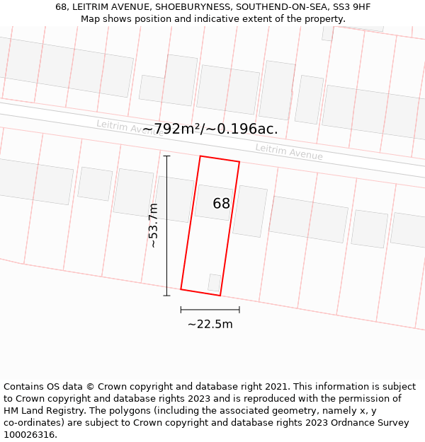 68, LEITRIM AVENUE, SHOEBURYNESS, SOUTHEND-ON-SEA, SS3 9HF: Plot and title map