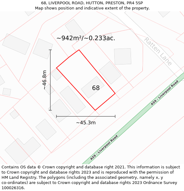 68, LIVERPOOL ROAD, HUTTON, PRESTON, PR4 5SP: Plot and title map