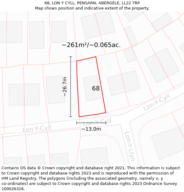 68, LON Y CYLL, PENSARN, ABERGELE, LL22 7RP: Plot and title map