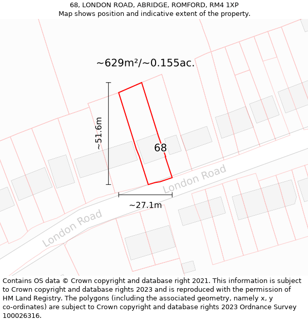 68, LONDON ROAD, ABRIDGE, ROMFORD, RM4 1XP: Plot and title map