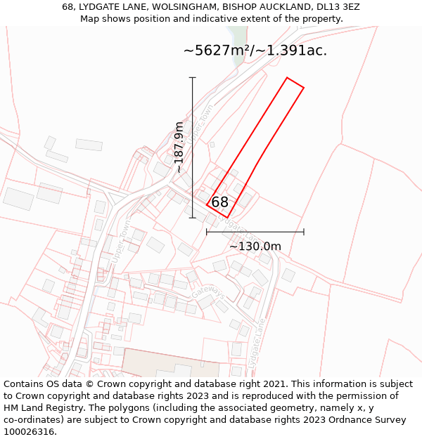 68, LYDGATE LANE, WOLSINGHAM, BISHOP AUCKLAND, DL13 3EZ: Plot and title map