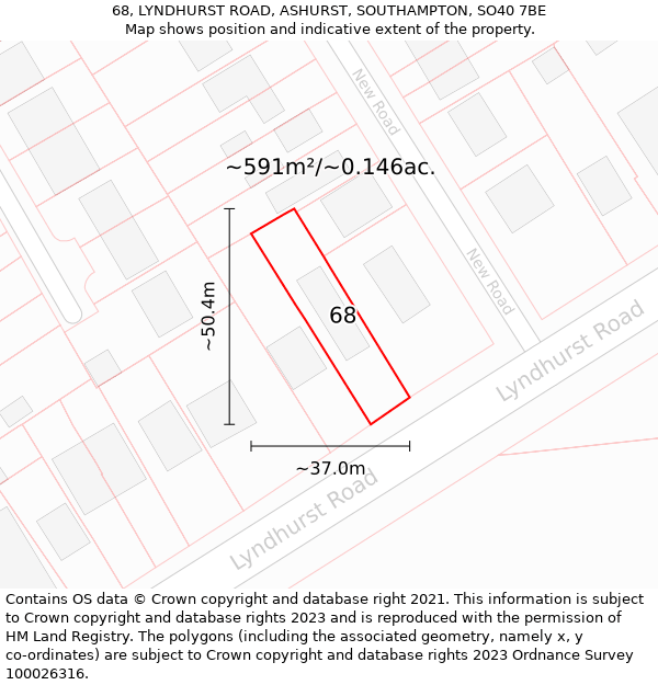 68, LYNDHURST ROAD, ASHURST, SOUTHAMPTON, SO40 7BE: Plot and title map