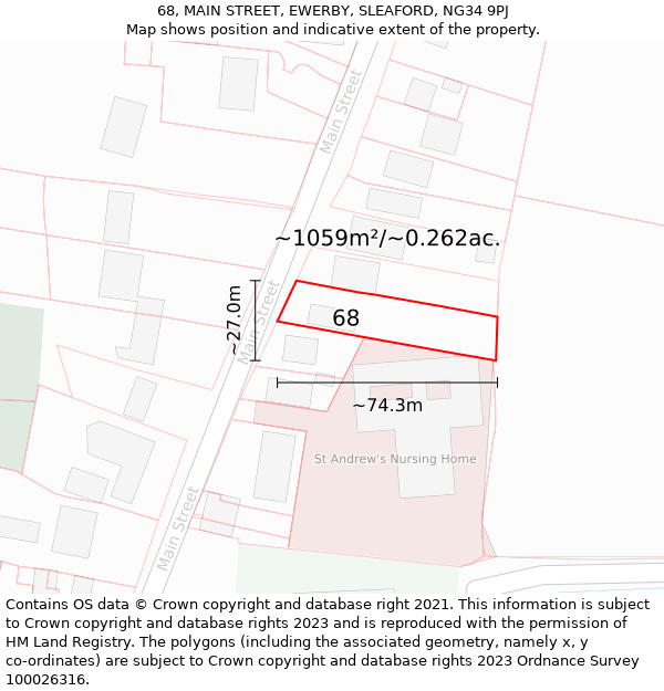 68, MAIN STREET, EWERBY, SLEAFORD, NG34 9PJ: Plot and title map