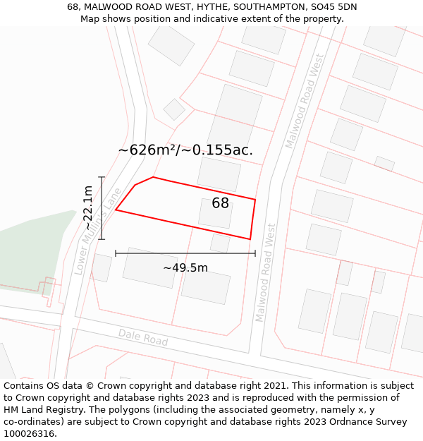 68, MALWOOD ROAD WEST, HYTHE, SOUTHAMPTON, SO45 5DN: Plot and title map