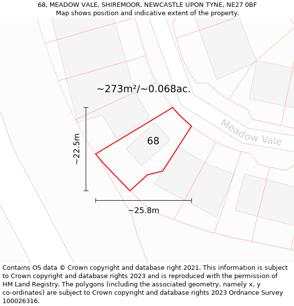 68, MEADOW VALE, SHIREMOOR, NEWCASTLE UPON TYNE, NE27 0BF: Plot and title map