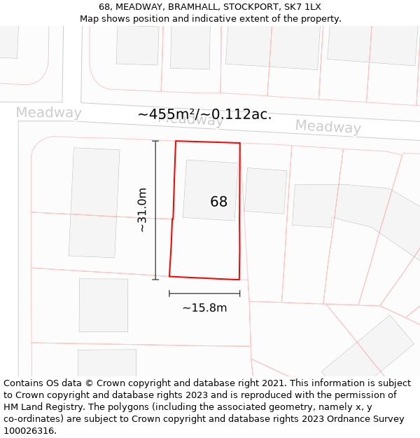 68, MEADWAY, BRAMHALL, STOCKPORT, SK7 1LX: Plot and title map