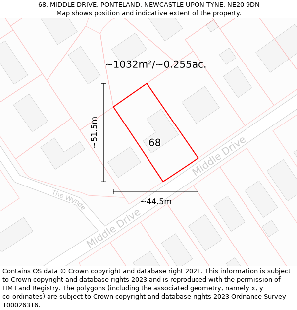 68, MIDDLE DRIVE, PONTELAND, NEWCASTLE UPON TYNE, NE20 9DN: Plot and title map