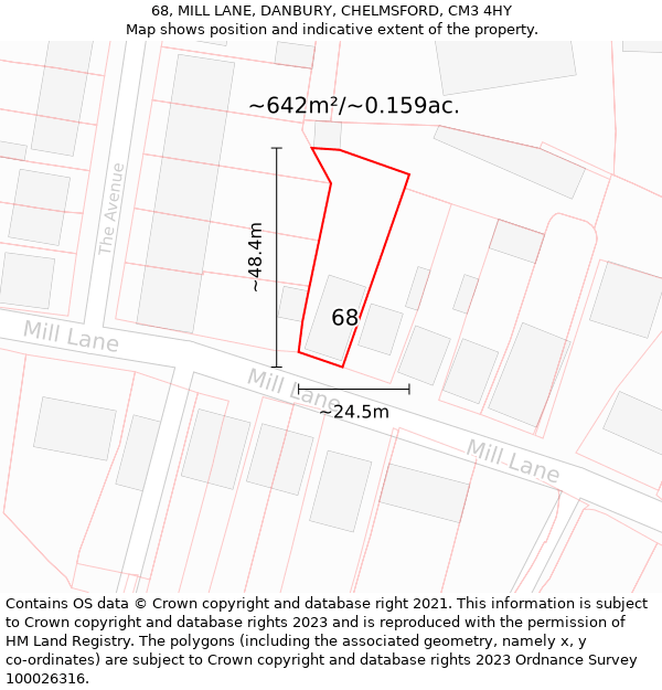 68, MILL LANE, DANBURY, CHELMSFORD, CM3 4HY: Plot and title map