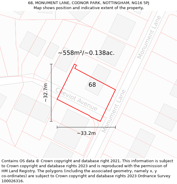 68, MONUMENT LANE, CODNOR PARK, NOTTINGHAM, NG16 5PJ: Plot and title map