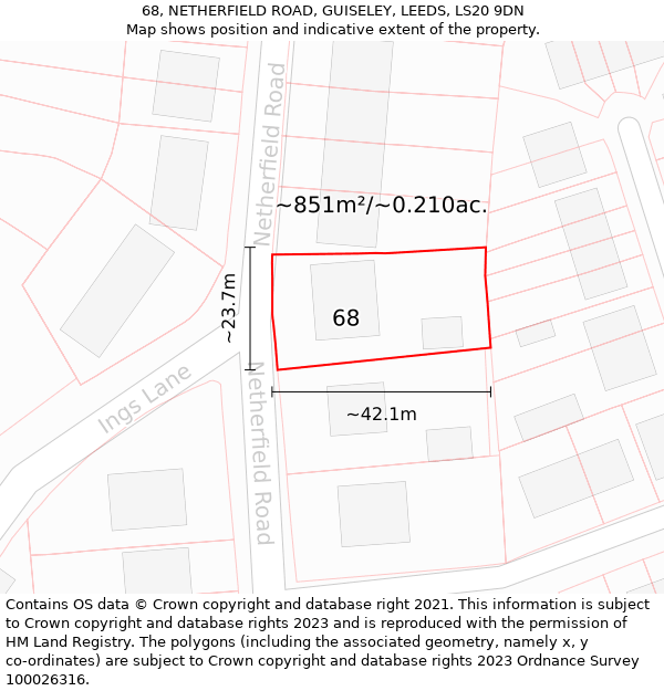 68, NETHERFIELD ROAD, GUISELEY, LEEDS, LS20 9DN: Plot and title map