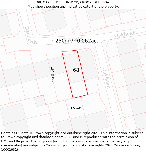 68, OAKFIELDS, HUNWICK, CROOK, DL15 0GA: Plot and title map