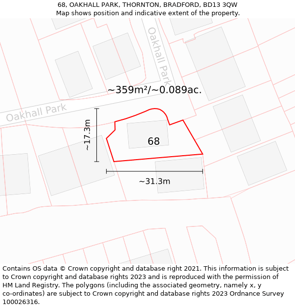 68, OAKHALL PARK, THORNTON, BRADFORD, BD13 3QW: Plot and title map