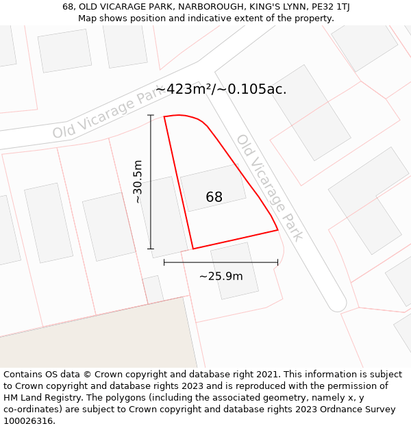 68, OLD VICARAGE PARK, NARBOROUGH, KING'S LYNN, PE32 1TJ: Plot and title map