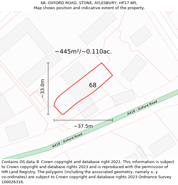 68, OXFORD ROAD, STONE, AYLESBURY, HP17 8PL: Plot and title map