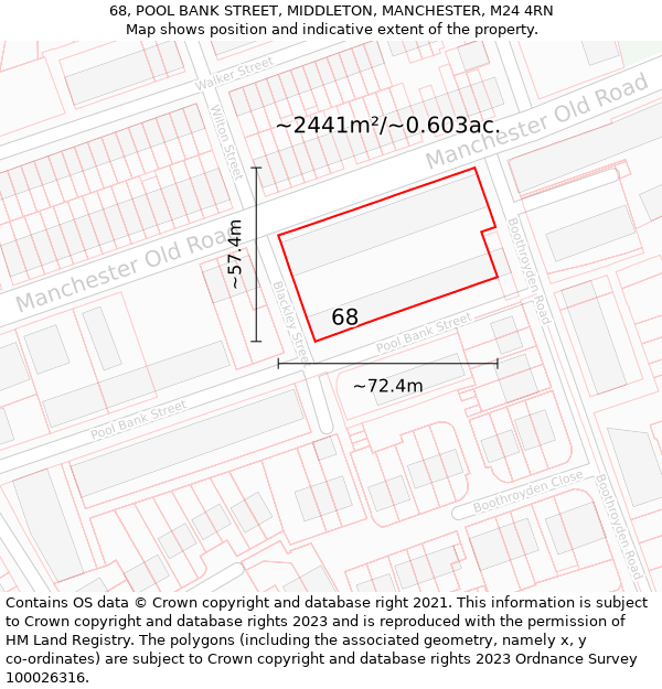 68, POOL BANK STREET, MIDDLETON, MANCHESTER, M24 4RN: Plot and title map