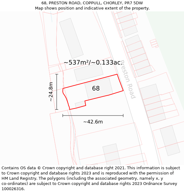 68, PRESTON ROAD, COPPULL, CHORLEY, PR7 5DW: Plot and title map