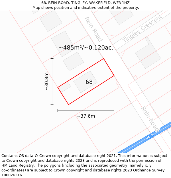 68, REIN ROAD, TINGLEY, WAKEFIELD, WF3 1HZ: Plot and title map