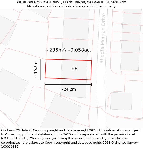 68, RHODFA MORGAN DRIVE, LLANGUNNOR, CARMARTHEN, SA31 2NX: Plot and title map