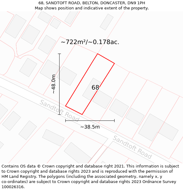 68, SANDTOFT ROAD, BELTON, DONCASTER, DN9 1PH: Plot and title map