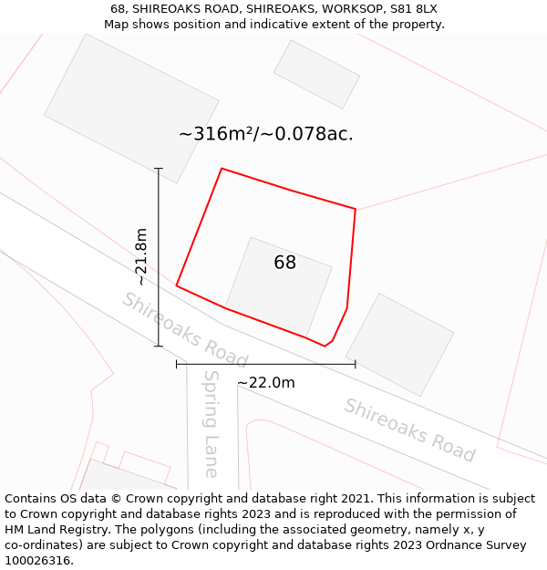 68, SHIREOAKS ROAD, SHIREOAKS, WORKSOP, S81 8LX: Plot and title map