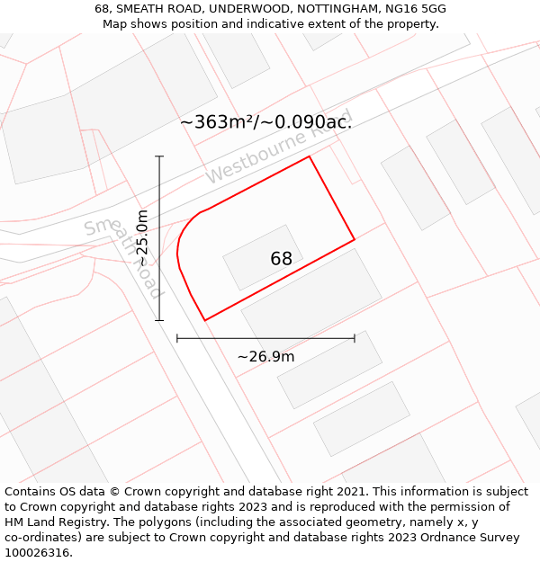 68, SMEATH ROAD, UNDERWOOD, NOTTINGHAM, NG16 5GG: Plot and title map