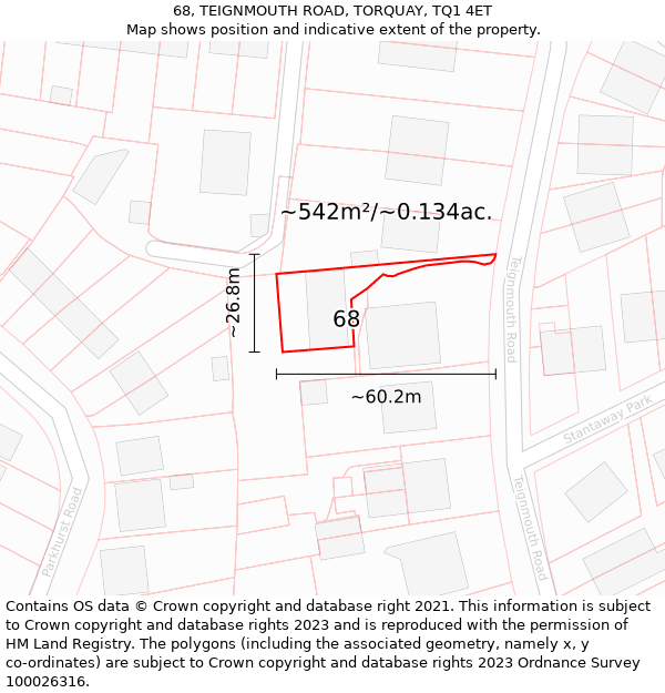 68, TEIGNMOUTH ROAD, TORQUAY, TQ1 4ET: Plot and title map