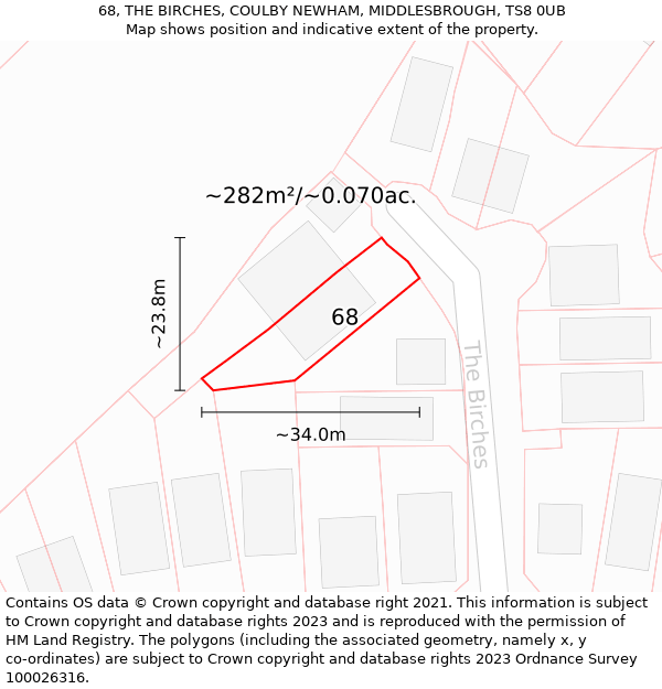 68, THE BIRCHES, COULBY NEWHAM, MIDDLESBROUGH, TS8 0UB: Plot and title map