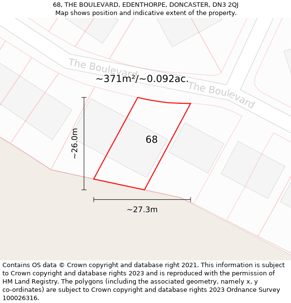 68, THE BOULEVARD, EDENTHORPE, DONCASTER, DN3 2QJ: Plot and title map