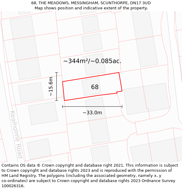 68, THE MEADOWS, MESSINGHAM, SCUNTHORPE, DN17 3UD: Plot and title map