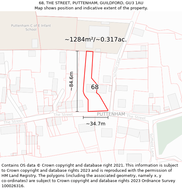 68, THE STREET, PUTTENHAM, GUILDFORD, GU3 1AU: Plot and title map