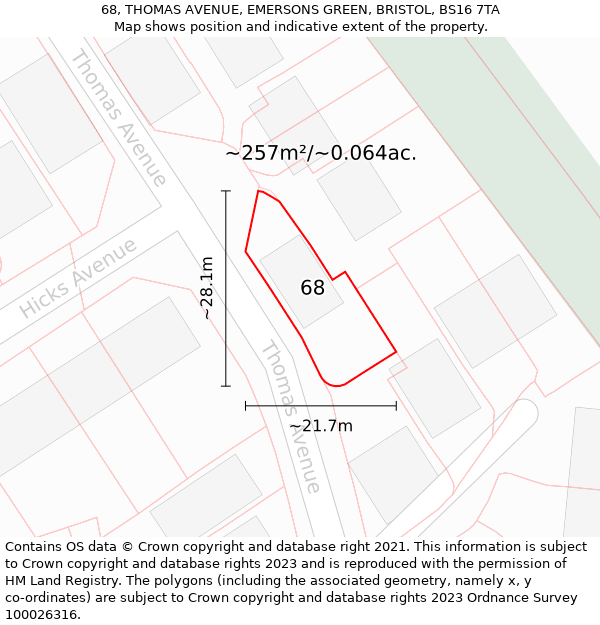 68, THOMAS AVENUE, EMERSONS GREEN, BRISTOL, BS16 7TA: Plot and title map