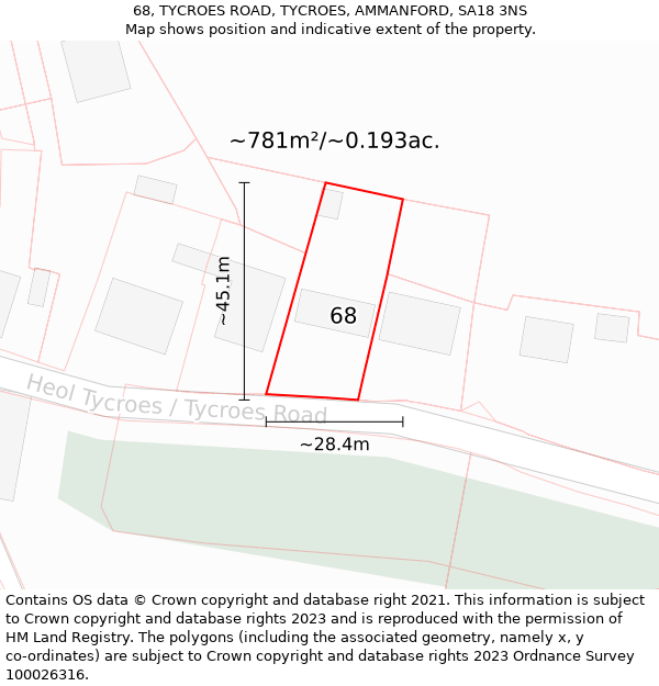 68, TYCROES ROAD, TYCROES, AMMANFORD, SA18 3NS: Plot and title map