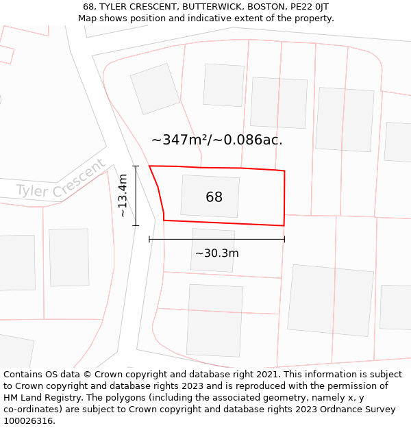 68, TYLER CRESCENT, BUTTERWICK, BOSTON, PE22 0JT: Plot and title map