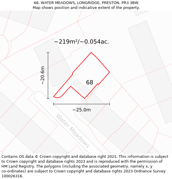 68, WATER MEADOWS, LONGRIDGE, PRESTON, PR3 3BW: Plot and title map