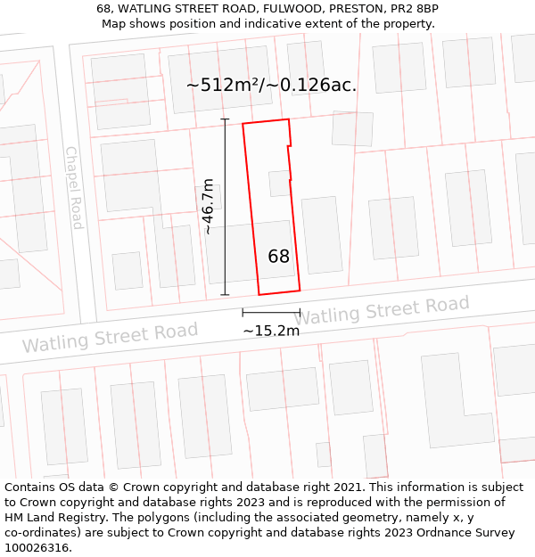 68, WATLING STREET ROAD, FULWOOD, PRESTON, PR2 8BP: Plot and title map