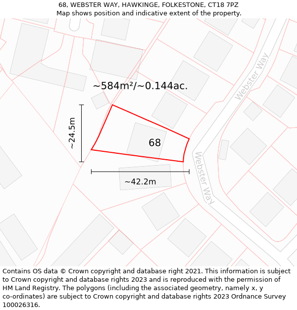 68, WEBSTER WAY, HAWKINGE, FOLKESTONE, CT18 7PZ: Plot and title map