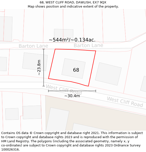 68, WEST CLIFF ROAD, DAWLISH, EX7 9QX: Plot and title map