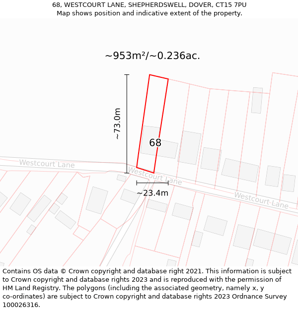 68, WESTCOURT LANE, SHEPHERDSWELL, DOVER, CT15 7PU: Plot and title map