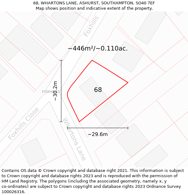 68, WHARTONS LANE, ASHURST, SOUTHAMPTON, SO40 7EF: Plot and title map